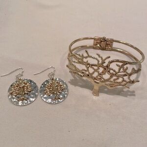 Tree of Life Silver Gold Earrings & Bracelet Set